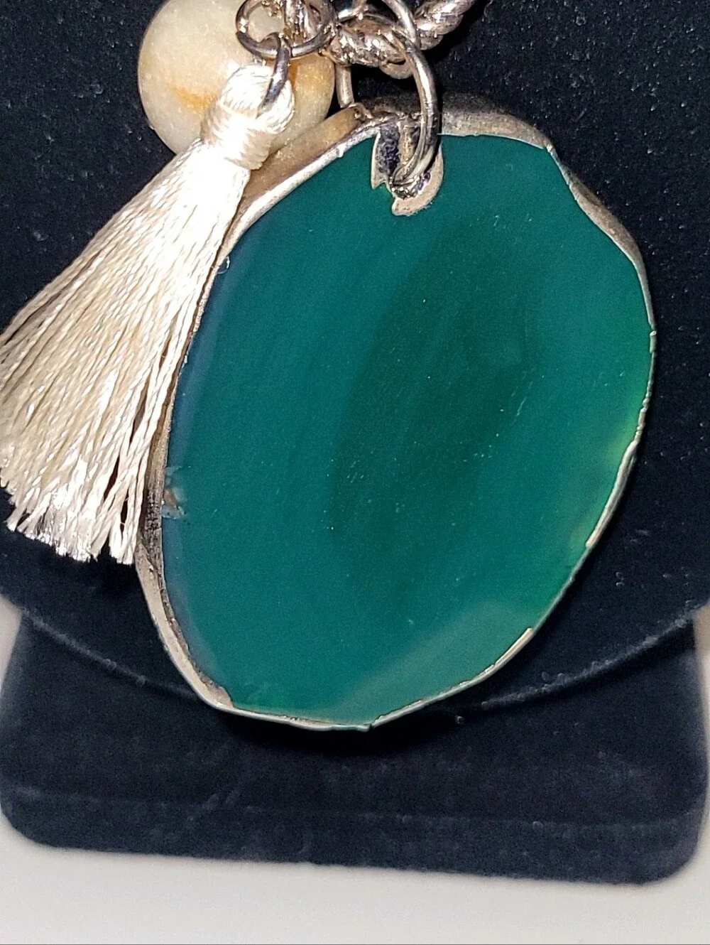 Boho Beaded Tassel Necklace Green Agate Slice Pendant Pearl Charm Adjustable